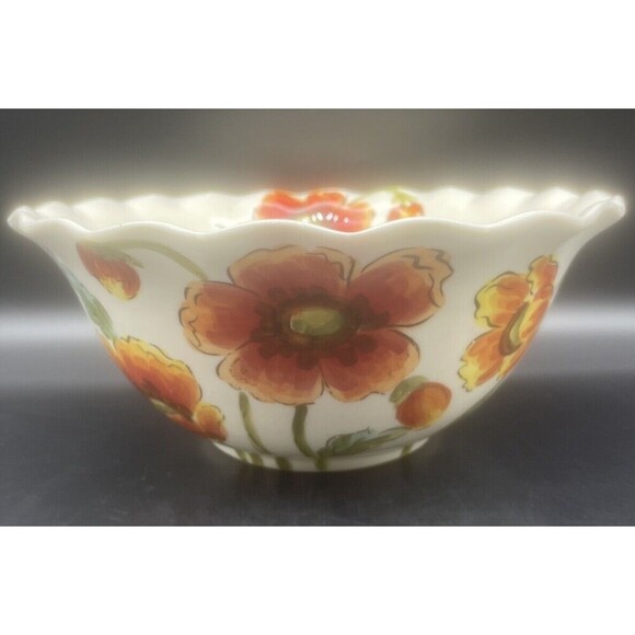 Maxcera WATER POPPY Orange Yellow Green Flower Large Scalloped Serving Bowl 12” - Picture 2 of 8